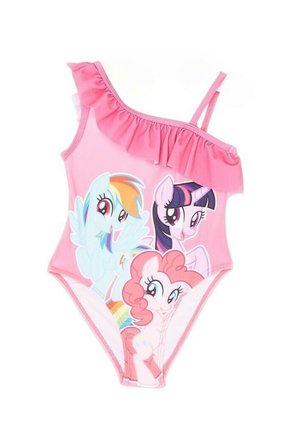 Maillot de bain une pièce rose avec une bretelle à volants, présentant des motifs de poneys animés en bleu, violet et rose à l'avant.