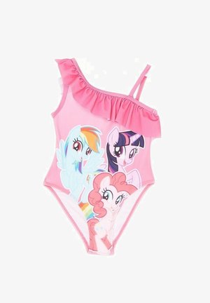 Maillot de bain une pièce rose avec une bretelle à volants, présentant des motifs de poneys animés en bleu, violet et rose à l'avant.