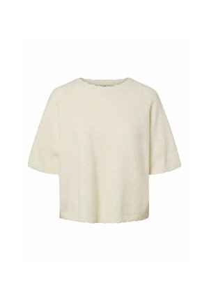 Pull en maille à manches courtes couleur crème avec un col rond et une coupe décontractée, présenté sur un fond blanc.