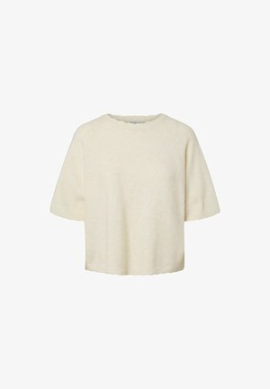 Kreemivärvi lühikeste varrukatega kootud kampsun, ümmarguse kaelusega ja lõdva lõikega, esitatud valgel taustal.