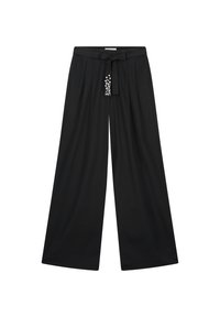 Zwarte wijde broek met een ceintuur in de taille, voorzien van een decoratieve edelsteendetail aan de voorkant en een gladde stoftextuur.