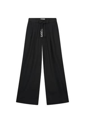 Black wide-leg trousers with a belted waist, featuring a decorative gemstone detail on the front and a smooth fabric texture.