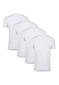 Witte katoen t-shirts met korte mouwen, eenvoudig ontwerp en ronde hals; weergegeven in een stapel van vier. Gladde textuur, geen zichtbare patronen.