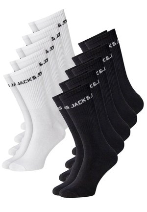 Set von 10 Socken aus Baumwoll-Mischung: 5 weiße mit gerippten Bündchen und Logo, 5 schwarze mit ähnlichem Design. Beide haben eine glatte Textur und Standardform.
