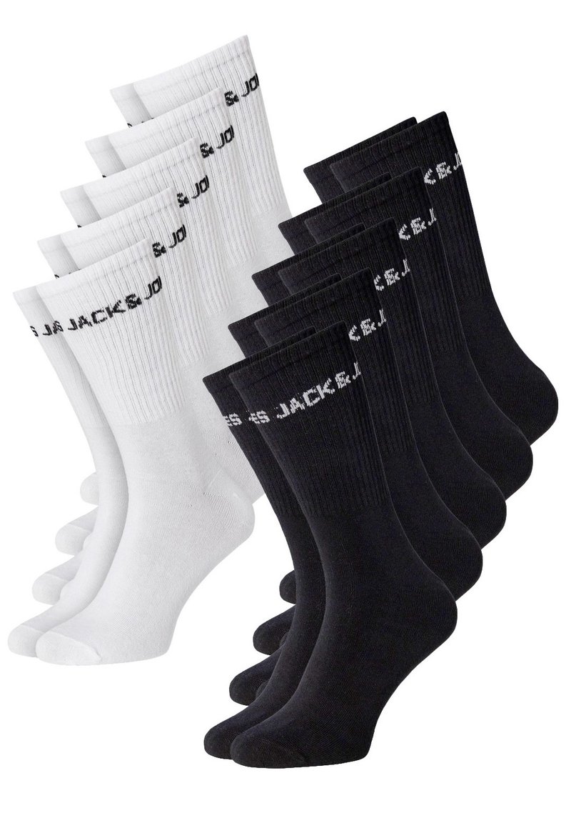 Set von 10 Socken aus Baumwoll-Mischung: 5 weiße mit gerippten Bündchen und Logo, 5 schwarze mit ähnlichem Design. Beide haben eine glatte Textur und Standardform.