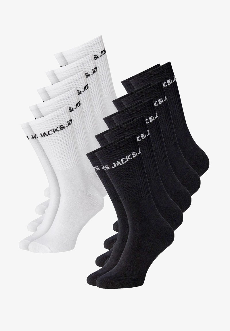 Set von 10 Socken aus Baumwoll-Mischung: 5 weiße mit gerippten Bündchen und Logo, 5 schwarze mit ähnlichem Design. Beide haben eine glatte Textur und Standardform.