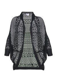 Cardigan negru tricotat, cu deschidere frontală, având un model din dantelă și mâneci trei sferturi. Finisajul texturat evidențiază detalii intricate.