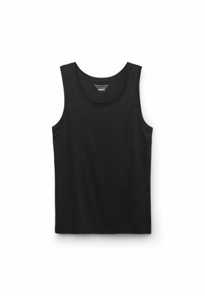 Czarny bawełniany tank top bez rękawów z okrągłym dekoltem, przedstawiony na płasko na białym tle.