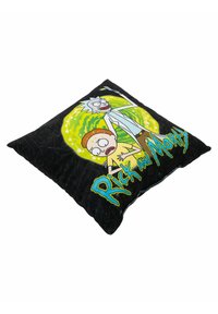 Cuscino quadrato nero con grafiche di Rick e Morty in colori vivaci. Include un design di portale verde vorticoso e testo audace. Superficie in tessuto morbido.