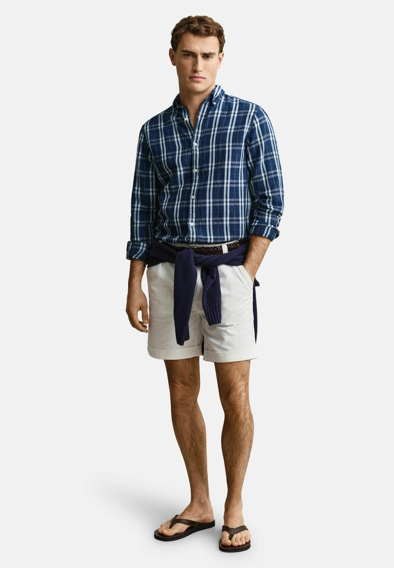 Uomo che indossa una camicia a quadri blu con bottoni, pantaloncini bianchi, maglione blu navy legato in vita e infradito marroni, in piedi con una mano in tasca.