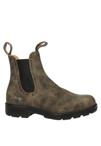 Botín de cuero marrón hasta el tobillo con paneles laterales elásticos, pestaña de bucle, superficie texturizada y detalle de costura elevada, que cuenta con una suela de goma.