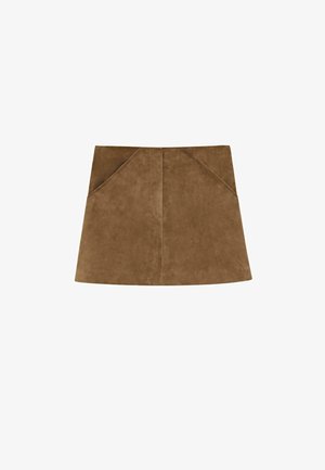 Brauner Velours-A-Linien-Minirock mit sichtbaren Nähten und abgeschrägten Vordertaschen, keine sichtbaren Verschlüsse.