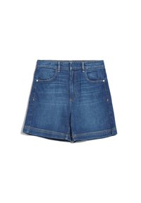 Tmavě modré džínové kraťasy s klasickým designem pěti kapes, rovný střih a zakončené lemy. Textil má hladký, mírně vybledlý vzhled.