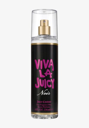 Flacon transparent de la brume parfumée Juicy Couture Viva La Juicy Noir avec étiquette noire, texte rose et blanc, et vaporisateur ainsi que détails dorés.