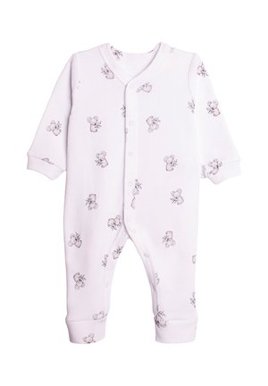 Biały body niemowlęce z długim rękawem, zapinane na zatrzaski, z jasnoszarymi nadrukami misia koali trzymającego liście.