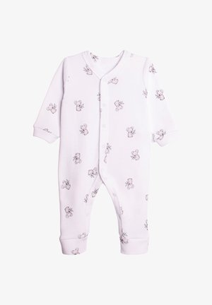 Biały body niemowlęce z długim rękawem, zapinane na zatrzaski, z jasnoszarymi nadrukami misia koali trzymającego liście.