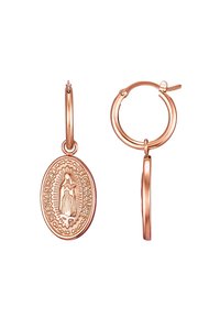 Orecchini a cerchio in oro rosa con un ciondolo ovale che presenta il rilievo della Vergine di Guadalupe, incisione dettagliata e finitura lucida.