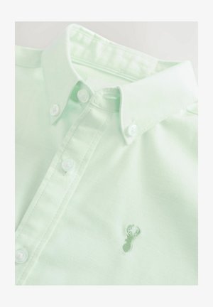 Ljusgrön skjorta med knappar, gjord av bomull, med spetsig krage, vita knappar och en liten broderad hummerlogotyp på bröstet.