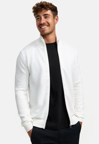 Weiße Zip-Jacke mit strukturiertem Fischgrätmuster, geripptem Kragen und Bündchen, kombiniert mit einem schwarzen Hemd. Verfügt über seitliche Taschen.