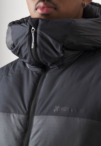 Black puffer jacket with a high collar, featuring a front zipper and contrasting gray panel. Smooth texture and minimal branding detail.