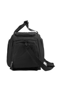 Borsa nera a sacco morbido con scomparti multipli, tracolla regolabile, manico superiore e texture liscia; chiusure con zip e materiale resistente.