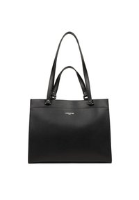 Sac fourre-tout en cuir noir avec texture lisse, deux longues poignées et design minimaliste. Présente un logo argenté sur le devant.
