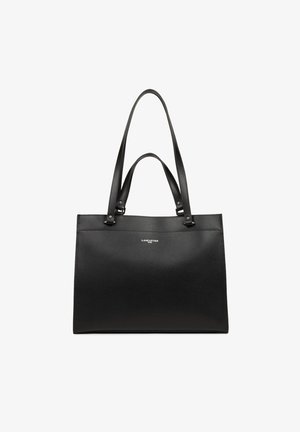 Sac fourre-tout en cuir noir avec texture lisse, deux longues poignées et design minimaliste. Présente un logo argenté sur le devant.