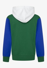 Sudadera con capucha que presenta un cuerpo verde, capucha blanca y mangas azules. Fabricada con una tela suave y con dobladillo y puños acanalados.