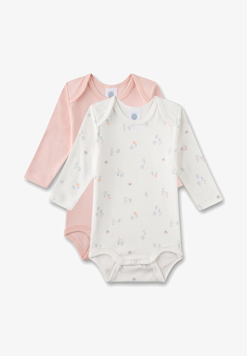 Set di due body a manica lunga: uno rosa chiaro tinta unita, uno bianco con piccoli motivi floreali in colori pastello. Tessuto di cotone morbido, chiusure a scatto.