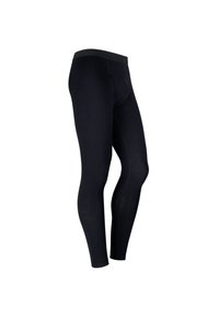 Sorte stretch leggings med glat tekstur, der har en bred elastisk talje og en tætsiddende pasform, der går ned til anklerne.