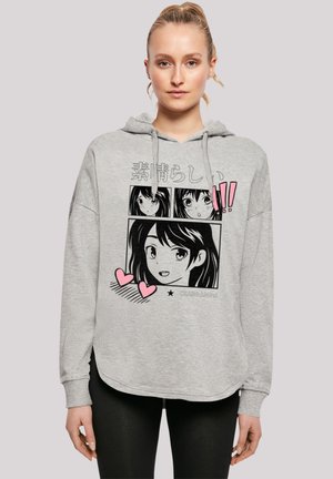 Grauer Kapuzenpullover mit einem grafischen Druck, der Manga-Gesichter, pinke Herzen und japanischen Text zeigt. Das Design umfasst einen lässigen Schnitt und Kordelzüge.