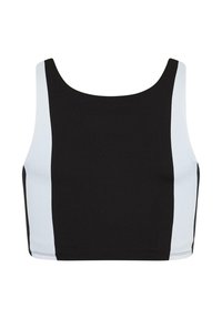 Top court noir avec des panneaux latéraux blancs, doté d'une texture lisse et d'un col rond. Design simple, adapté aux vêtements de sport.