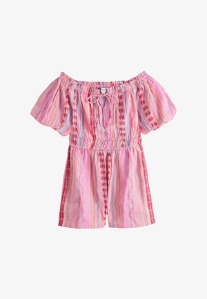 Lyserød og rød stribet off-shoulder romper med puffede ærmer, elastisk talje og bindedetalje ved halsudskæringen i et geometrisk mønster.