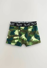 Grønne og sorte camouflage boxershorts med en sort elastisk talje, der har hvid "NeXt" branding og kontrasterende syninger.
