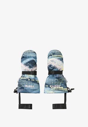 Colorful patterned mittens with a blue background, featuring a dotted design in yellow and white, secured with black straps for tight fit.