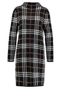 Robe-pull noire à manches longues avec un motif à carreaux blanc et orange et un col montant.