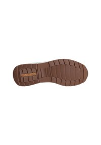 Suola di scarpa in gomma marrone con scanalature pronunciate e dettagli testurizzati. Presenta un logo rettangolare impressa su un segmento.