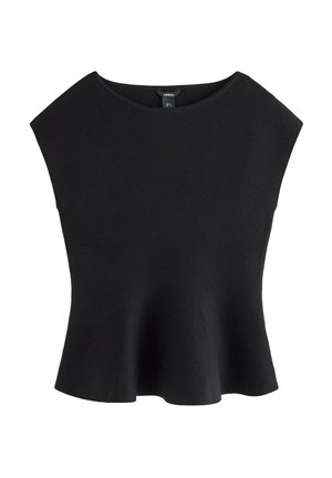 Sort ærmeløs striktop med brede skuldre, rund halsudskæring og let flæret kant.