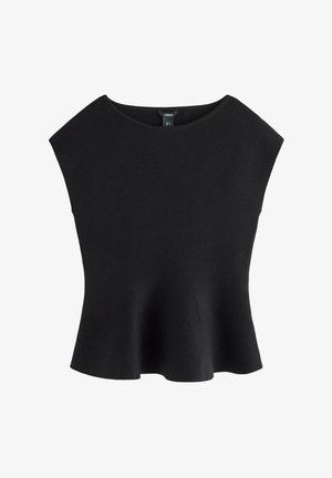 Sort ærmeløs striktop med brede skuldre, rund halsudskæring og let flæret kant.