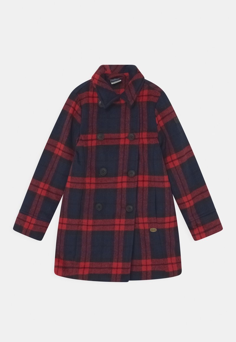 Manteau croisé à motif à carreaux rouge et bleu marine, manches longues et large col, posé à plat sur fond blanc.