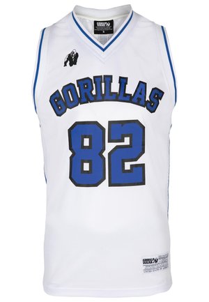 Witte basketbaljersey met zwarte en blauwe accenten, de tekst "GORILLAS", het nummer "82" en een gorillalog op de voorkant. Gemaakt van ademend materiaal.