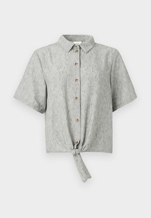 Short-sleeve, button-up shirt in light gray fabric, featuring a knotted front detail, flat collar, and wooden buttons for accents.