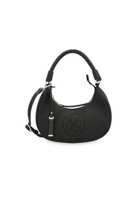 Black textured handbag with a braided handle. Features a zip closure, embossed logo on the front, and a detachable shoulder strap.