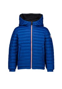 Giacca blu imbottita con cappuccio, dotata di zip completa, due tasche frontali e polsini elastici. L'interno è nero con un dettaglio del logo.