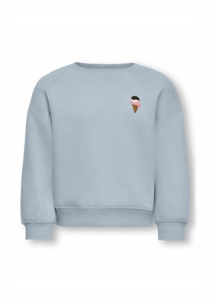 Light blue sweatshirt with long sleeves and a small embroidered ice cream cone patch on the upper left chest.