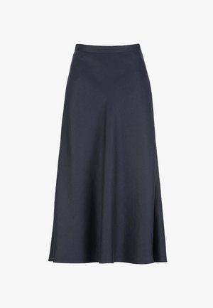 Tamsiai mėlynas, aukštu liemeniu A formos midi sijonas iš lygios medžiagos su subtiliu plačiavimu, be raštų ir matomų užsegimų.