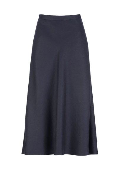 Fustă midi cloș, cu talie înaltă, de culoare bleumarin închis, confecționată dintr-un material neted, cu o ușoară evazare, fără modele sau elemente de prindere vizibile.