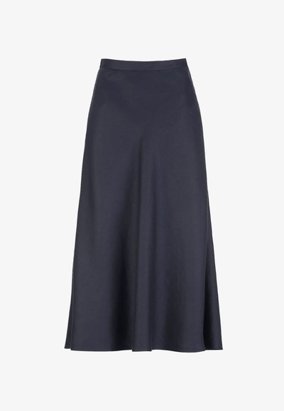 Fustă midi cloș, cu talie înaltă, de culoare bleumarin închis, confecționată dintr-un material neted, cu o ușoară evazare, fără modele sau elemente de prindere vizibile.