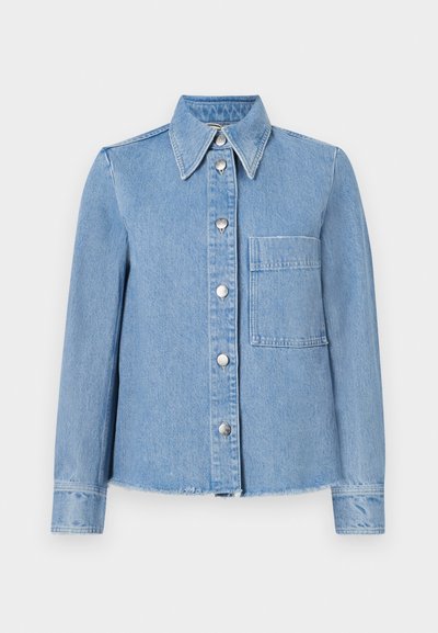 Light blue denim jacket, button-up front, collar, single chest pocket, frayed hem, long sleeves, smooth texture, metallic button accents.