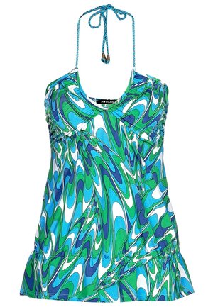 Niebieska, zielona i biała damska bluzka na szyję z abstrakcyjnym wzorem spiralnym oraz marszczeniami pod biustem i na dole.